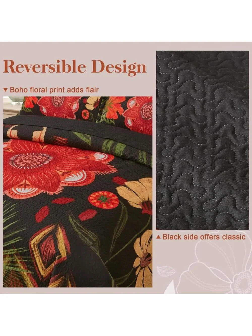 Colorful Floral Black Quilt Set | Reversible Lightweight Bedding, 2 Shams